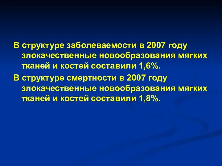 В структуре заболеваемости в 2007 году злокачественные новообразования мягких тканей и костей составили