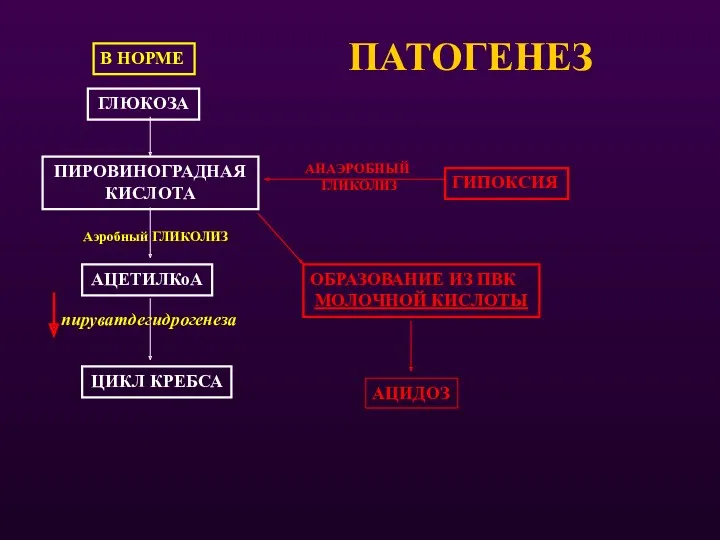 ПАТОГЕНЕЗ ГИПОКСИЯ АНАЭРОБНЫЙ ГЛИКОЛИЗ ОБРАЗОВАНИЕ ИЗ ПВК МОЛОЧНОЙ КИСЛОТЫ ГЛЮКОЗА