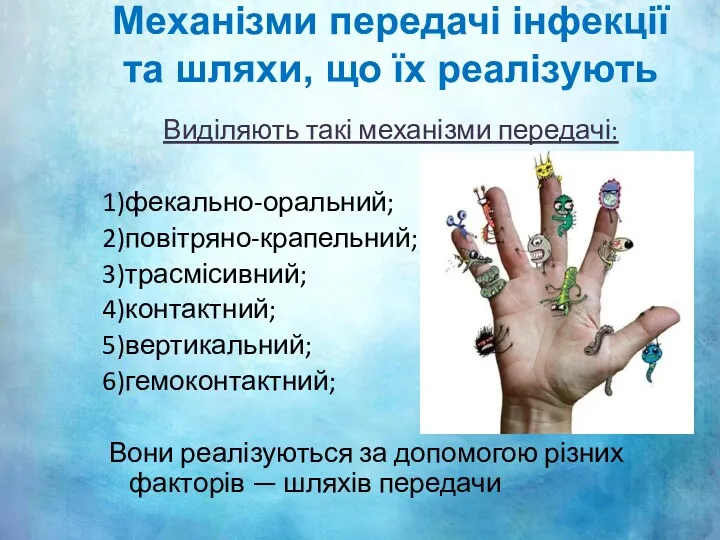 Механізми передачі інфекції та шляхи, що їх реалізують Виділяють такі