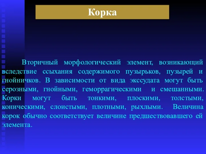 Корка Вторичный морфологический элемент, возникающий вследствие ссыхания содержимого пузырьков, пузырей