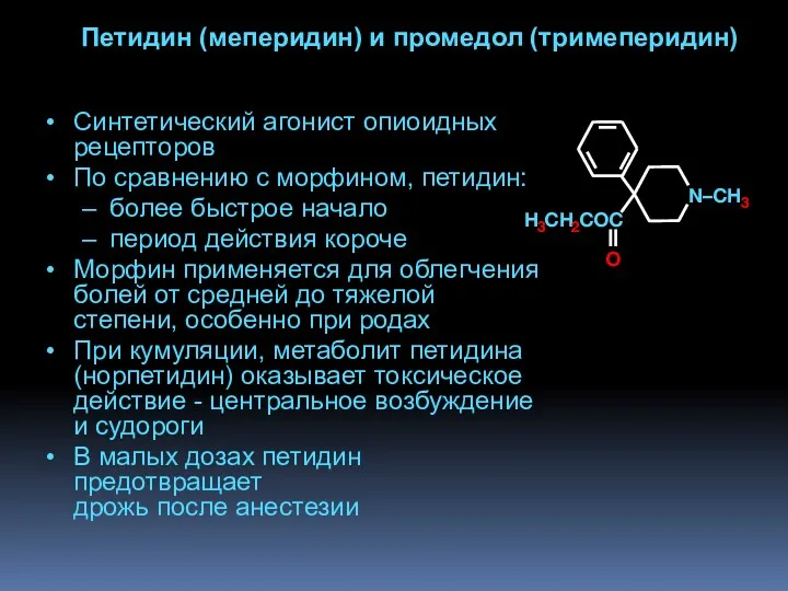 Петидин (меперидин) и промедол (тримеперидин) Синтетический агонист опиоидных рецепторов По