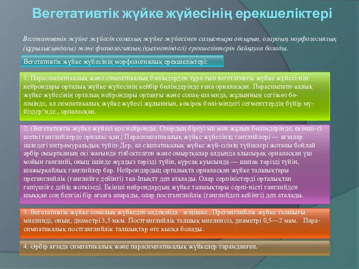 Вегетативтік жүйке жүйесінің ерекшеліктері Вегетативтік жүйке жүйесін сомалық жүйке жүйесімен