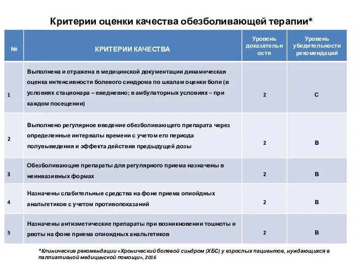 Критерии оценки качества обезболивающей терапии* *Клинические рекомендации «Хронический болевой синдром