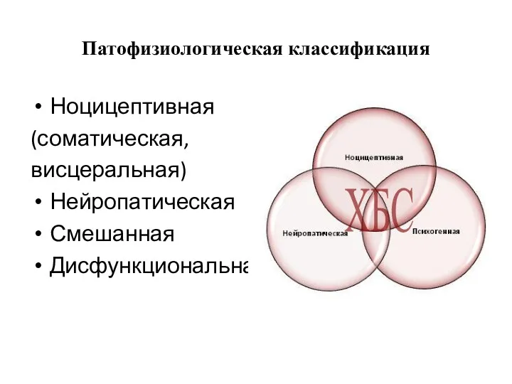 Патофизиологическая классификация Ноцицептивная (соматическая, висцеральная) Нейропатическая Смешанная Дисфункциональная ХБС