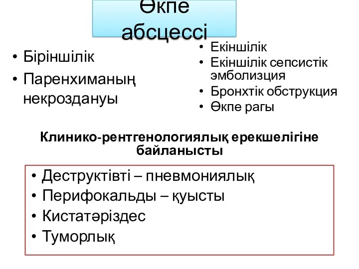 Өкпе абсцессі Деструктівті – пневмониялық Перифокальды – қуысты Кистатәріздес Туморлық