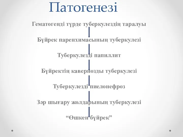 Патогенезі Гематогенді түрде туберкулездің таралуы Бүйрек паренхимасының туберкулезі Туберкулезді папиллит