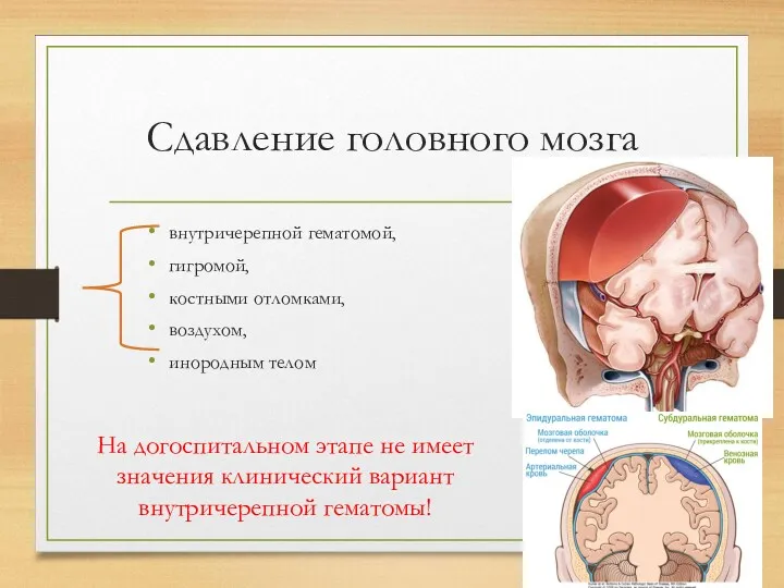 Сдавление головного мозга внутричерепной гематомой, гигромой, костными отломками, воздухом, инородным