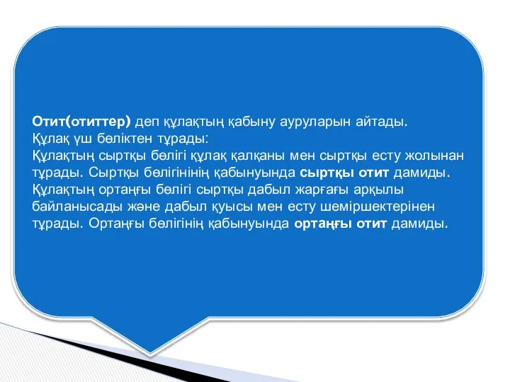 Отит(отиттер) деп құлақтың қабыну ауруларын айтады. Құлақ үш бөліктен тұрады: