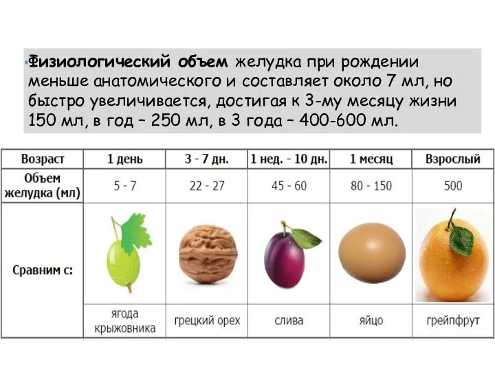 Физиологический объем желудка при рождении меньше анатомического и составляет около