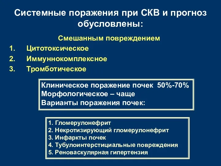 Системные поражения при СКВ и прогноз обусловлены: Смешанным повреждением Цитотоксическое