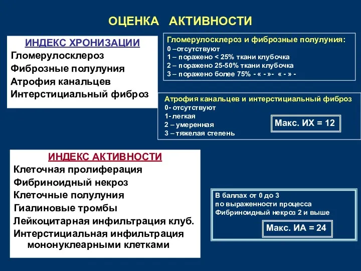 ОЦЕНКА АКТИВНОСТИ ИНДЕКС ХРОНИЗАЦИИ Гломерулосклероз Фиброзные полулуния Атрофия канальцев Интерстициальный