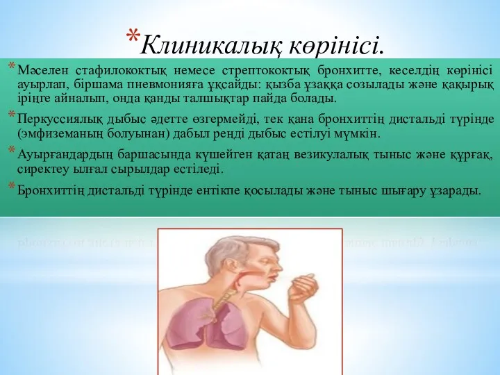 Клиникалық көрінісі. Мәселен стафилококтық немесе стрептококтық бронхитте, кеселдің көрінісі ауырлап,