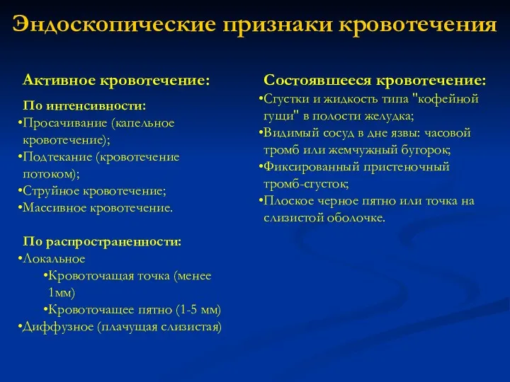 Эндоскопические признаки кровотечения Активное кровотечение: По интенсивности: Просачивание (капельное кровотечение);