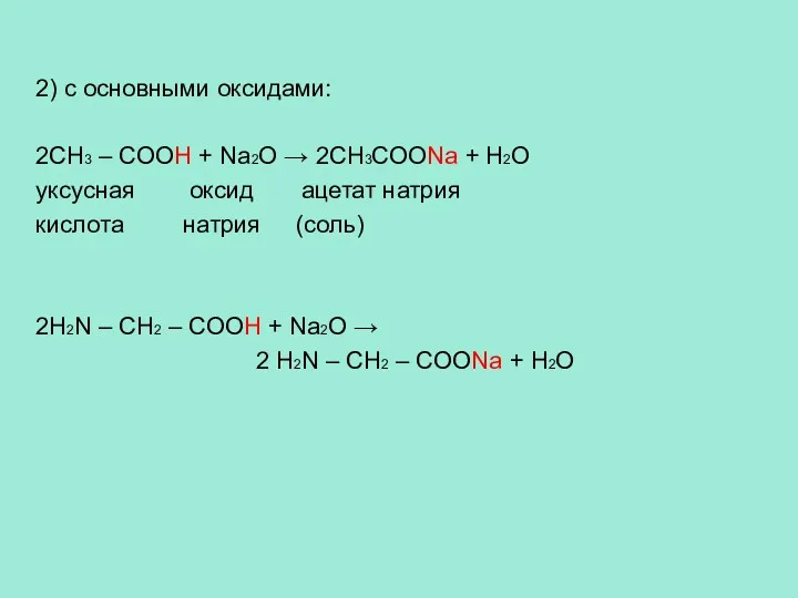 2) с основными оксидами: 2CH3 – COOH + Na2O →