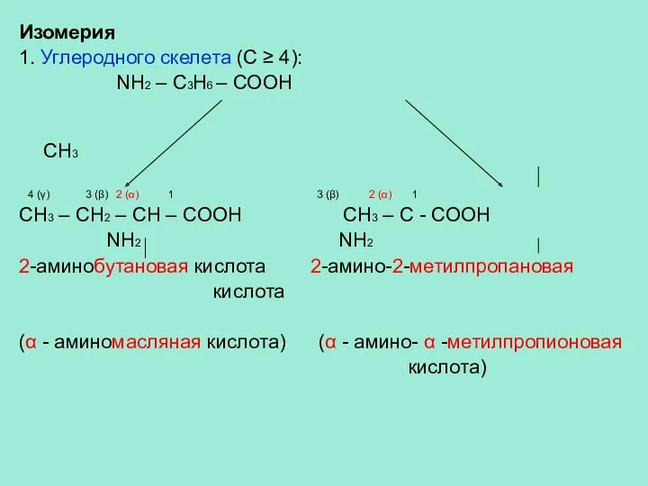 Изомерия 1. Углеродного скелета (С ≥ 4): NH2 – C3H6