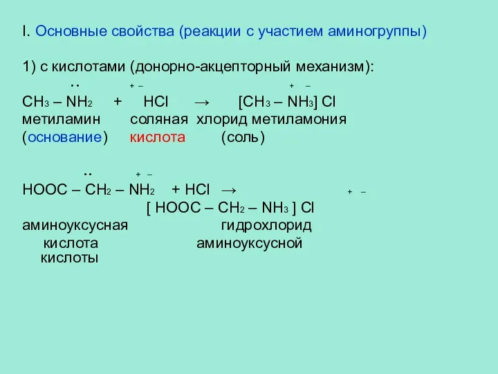 I. Основные свойства (реакции с участием аминогруппы) 1) с кислотами