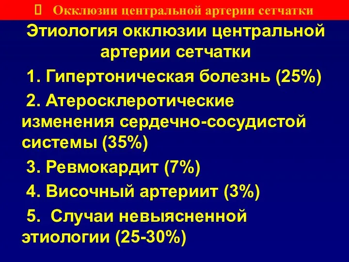 Этиология окклюзии центральной артерии сетчатки 1. Гипертоническая болезнь (25%) 2.