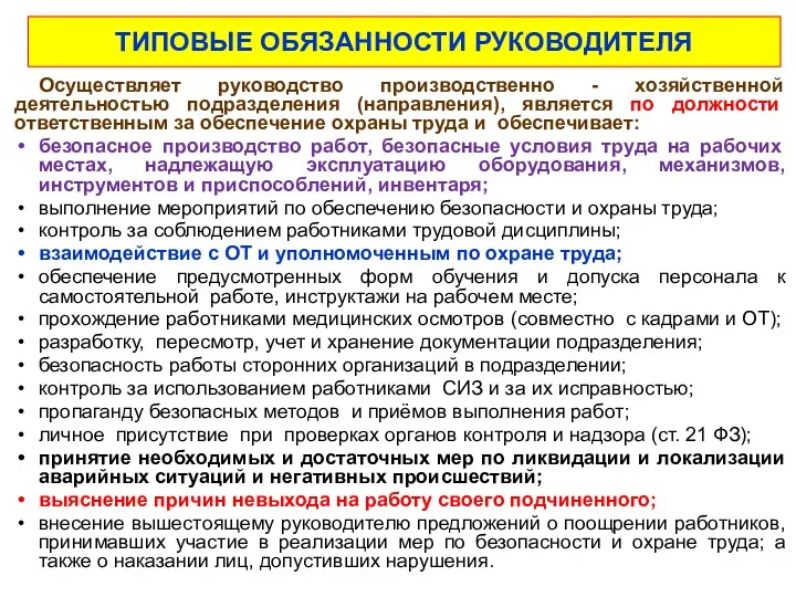 ТИПОВЫЕ ОБЯЗАННОСТИ РУКОВОДИТЕЛЯ Осуществляет руководство производственно - хозяйственной деятельностью подразделения