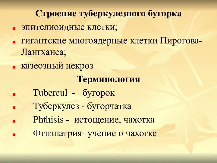 Строение туберкулезного бугорка эпителиоидные клетки; гигантские многоядерные клетки Пирогова-Лангханса; казеозный