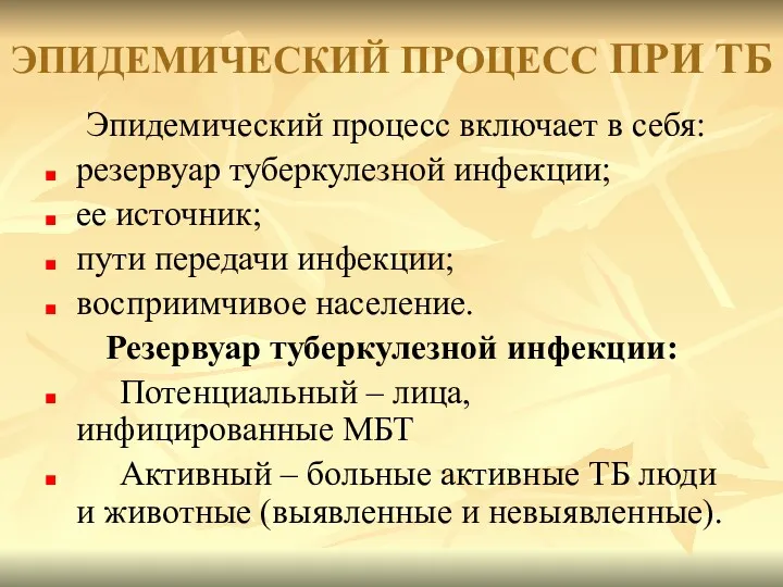 ЭПИДЕМИЧЕСКИЙ ПРОЦЕСС ПРИ ТБ Эпидемический процесс включает в себя: резервуар