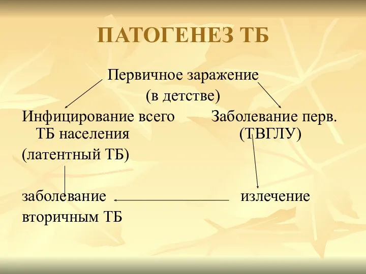 ПАТОГЕНЕЗ ТБ Первичное заражение (в детстве) Инфицирование всего Заболевание перв.ТБ