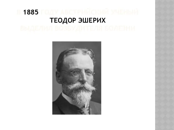 В 1885 ГОДУ АВСТРИЙСКИЙ УЧЕНЫЙ ТЕОДОР ЭШЕРИХ ВЫДЕЛИЛ ВОЗБУДИТЕЛЯ БОЛЕЗНИ