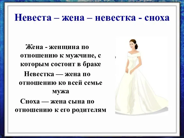 Невеста – жена – невестка - сноха Жена - женщина