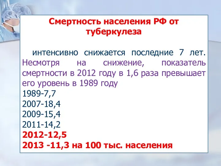 Смертность населения РФ от туберкулеза интенсивно снижается последние 7 лет.