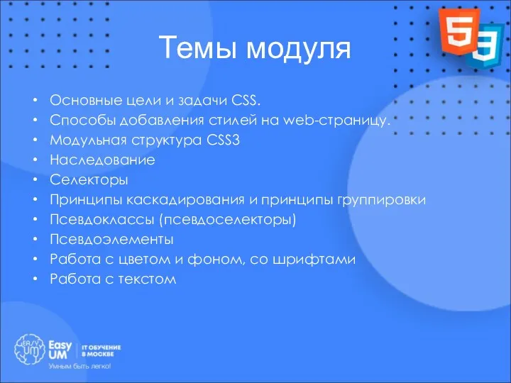 Темы модуля Основные цели и задачи CSS. Способы добавления стилей