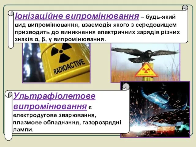 Іонізаційне випромінювання – будь-який вид випромінювання, взаємодія якого з середовищем