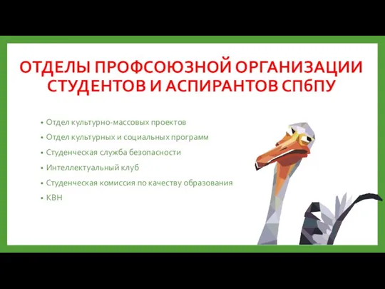 ОТДЕЛЫ ПРОФСОЮЗНОЙ ОРГАНИЗАЦИИ СТУДЕНТОВ И АСПИРАНТОВ СПбПУ Отдел культурно-массовых проектов