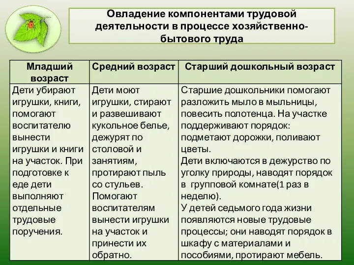 Овладение компонентами трудовой деятельности в процессе хозяйственно-бытового труда