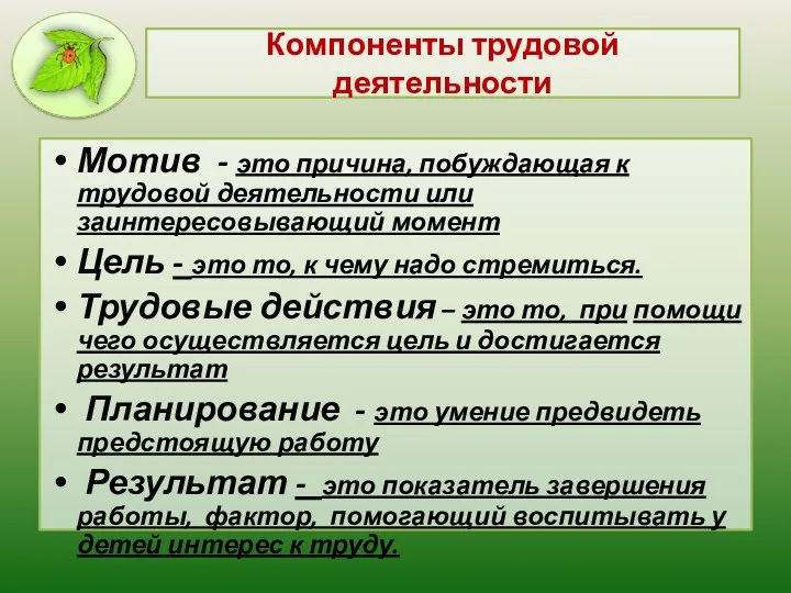 Компоненты трудовой деятельности Мотив - это причина, побуждающая к трудовой