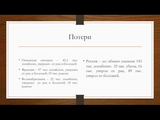 Потери Османская империя – 45,3 тыс. погибших, умерших от ран