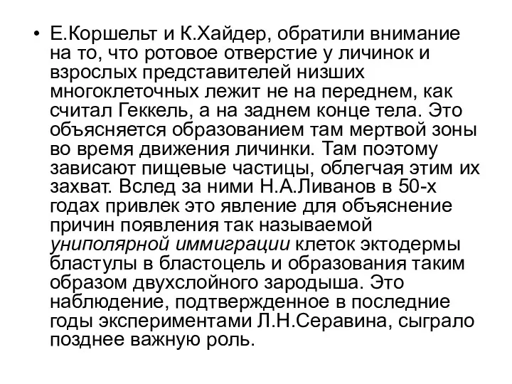 Е.Коршельт и К.Хайдер, обратили внимание на то, что ротовое отверстие