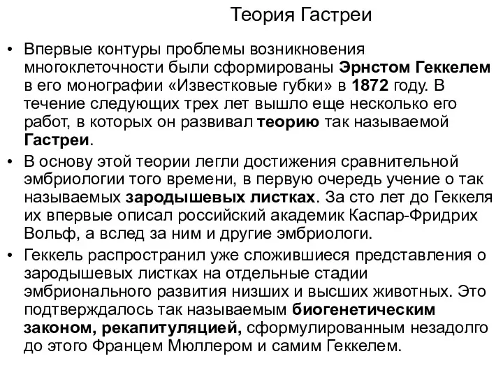 Теория Гастреи Впервые контуры проблемы возникновения многоклеточности были сформированы Эрнстом