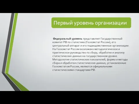 Федеральный уровень представляет Государственный комитет РФ по статистике (Госкомстат России),