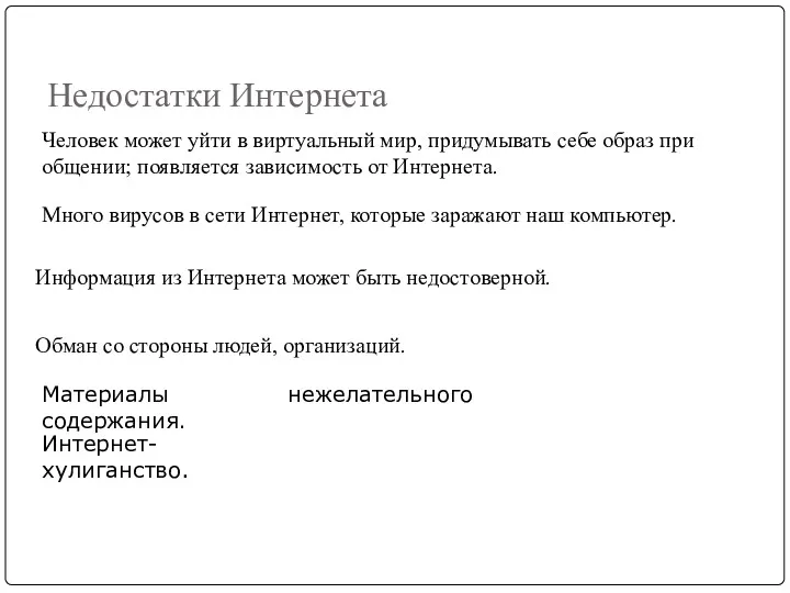 Недостатки Интернета Информация из Интернета может быть недостоверной. Человек может