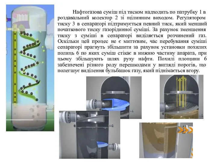 Нафтогазова суміш під тиском надходить по патрубку 1 в роздавальний колектор 2 зі