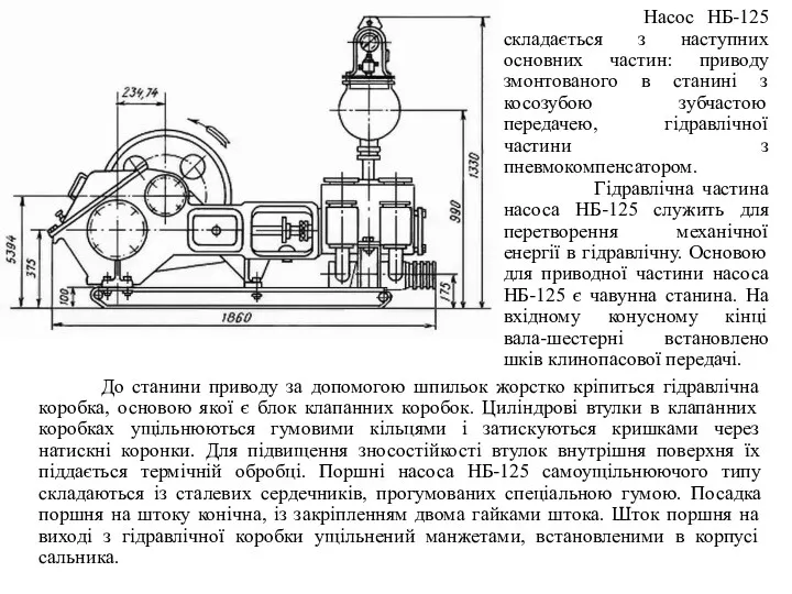 Насос НБ-125 складається з наступних основних частин: приводу змонтованого в станині з косозубою