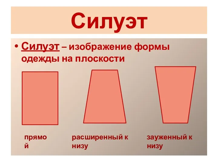 Силуэт Силуэт – изображение формы одежды на плоскости прямой расширенный к низу зауженный к низу