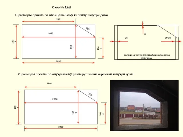 1148 Окно № О-9 1. размеры проема по облицовочному кирпичу