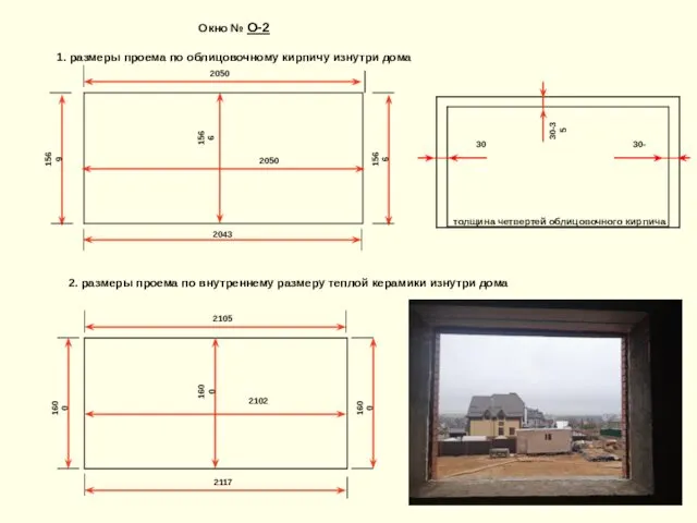 2050 Окно № О-2 1. размеры проема по облицовочному кирпичу