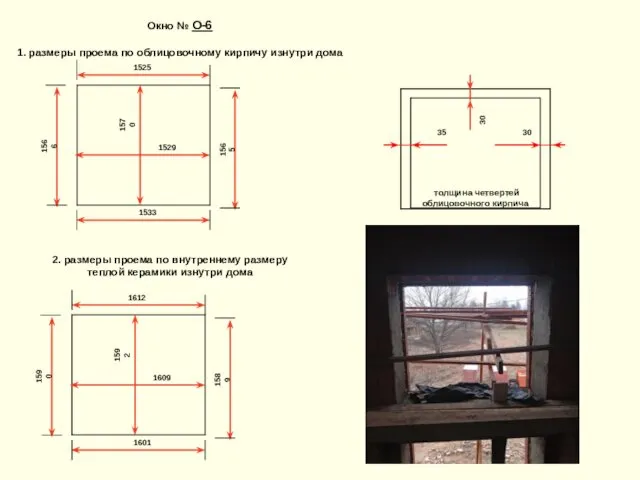 1525 Окно № О-6 1. размеры проема по облицовочному кирпичу