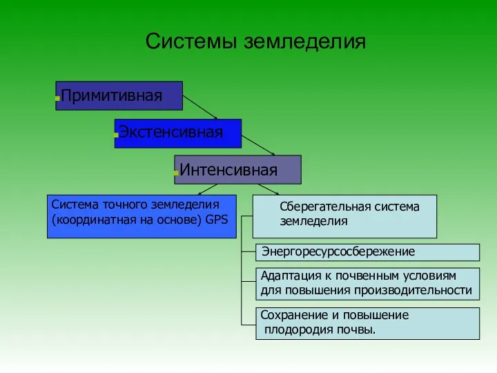 Системы земледелия Примитивная Экстенсивная Интенсивная Система точного земледелия (координатная на