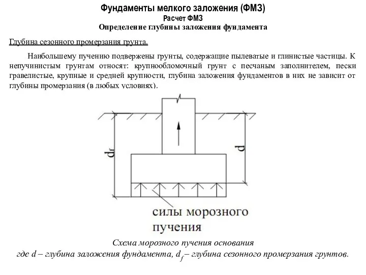 Фундаменты мелкого заложения (ФМЗ) Определение глубины заложения фундамента Расчет ФМЗ