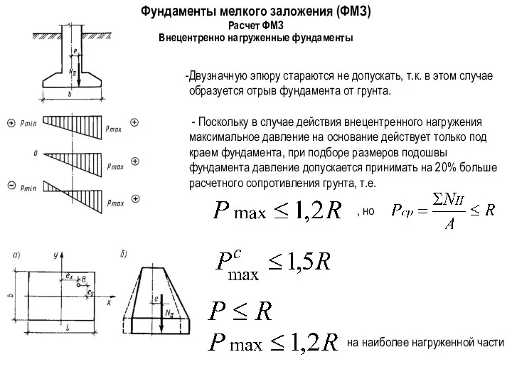 Фундаменты мелкого заложения (ФМЗ) Внецентренно нагруженные фундаменты Расчет ФМЗ Двузначную