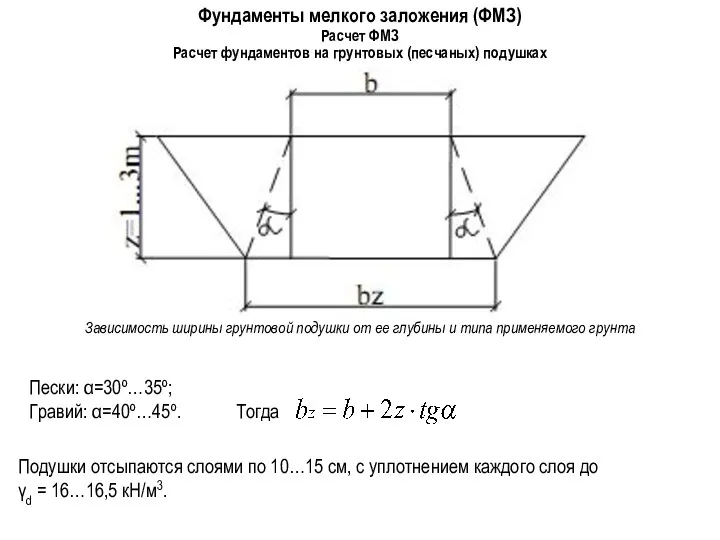 Фундаменты мелкого заложения (ФМЗ) Расчет фундаментов на грунтовых (песчаных) подушках