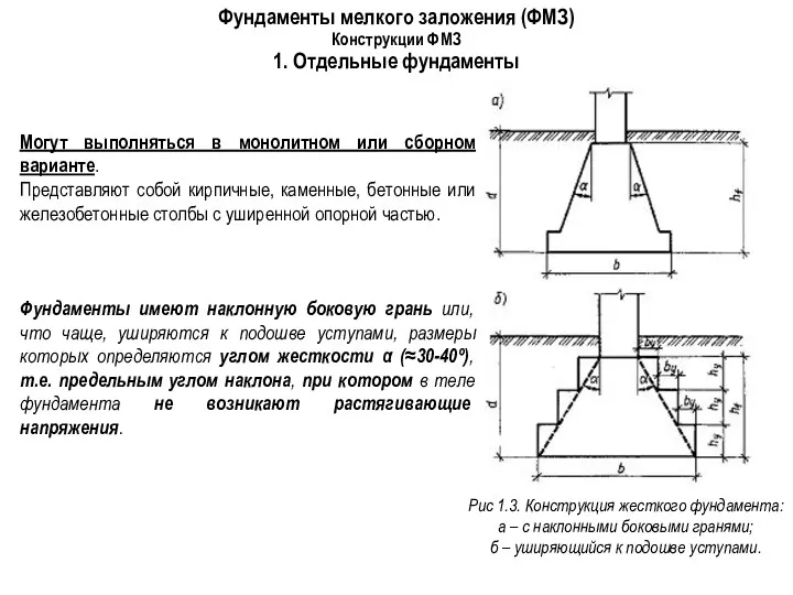 Фундаменты мелкого заложения (ФМЗ) Конструкции ФМЗ 1. Отдельные фундаменты Рис