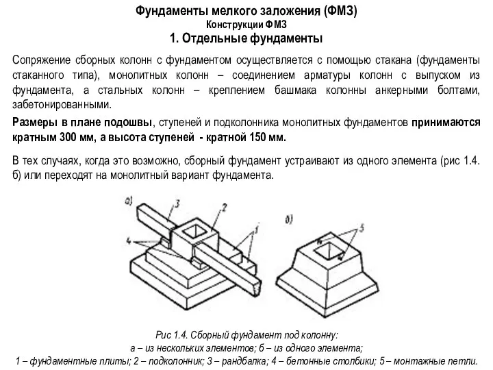 Фундаменты мелкого заложения (ФМЗ) Конструкции ФМЗ 1. Отдельные фундаменты Рис